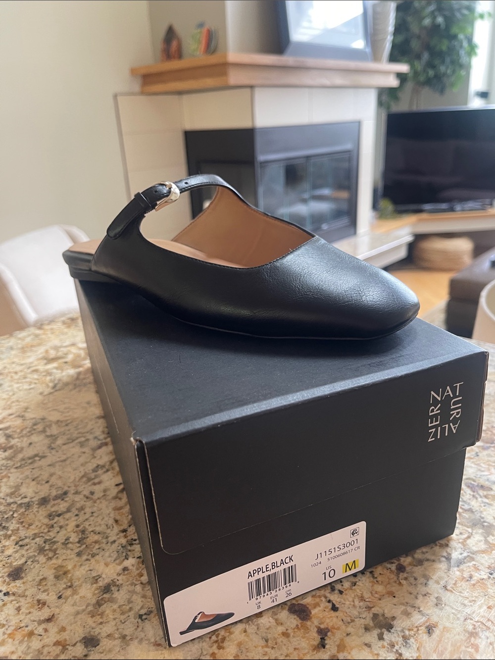 Naturalizer Black Leather Slingback Mule with Almond Toe and Buckle Accent
